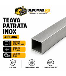 Teava patrata inox AISI 304, 20 x 20 x 1.5 mm, 6 metri